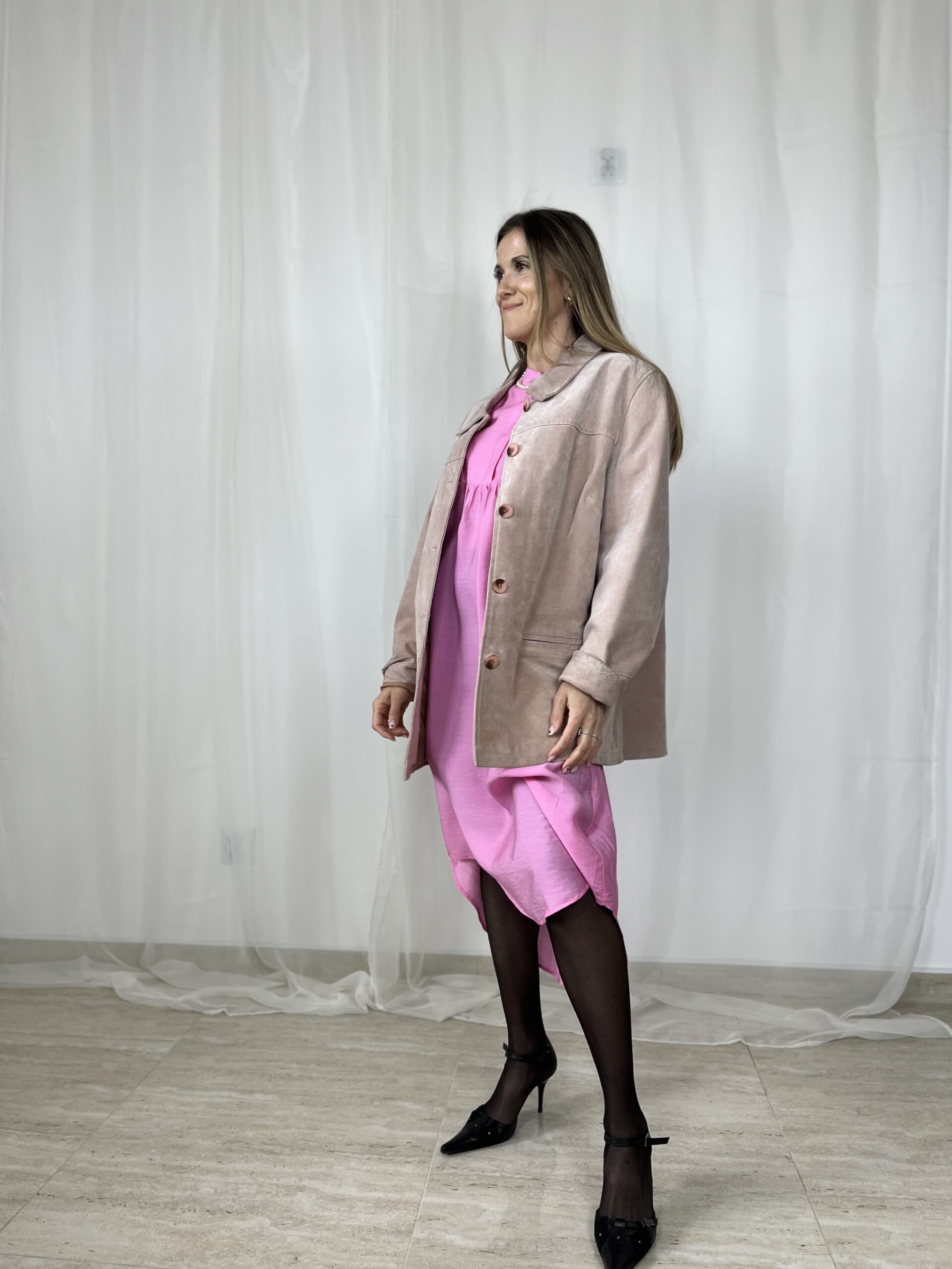 Skórzana zamszowa kurtka pudrowy róż skóra naturalna vintage r. XXL 44 - obrazek 3