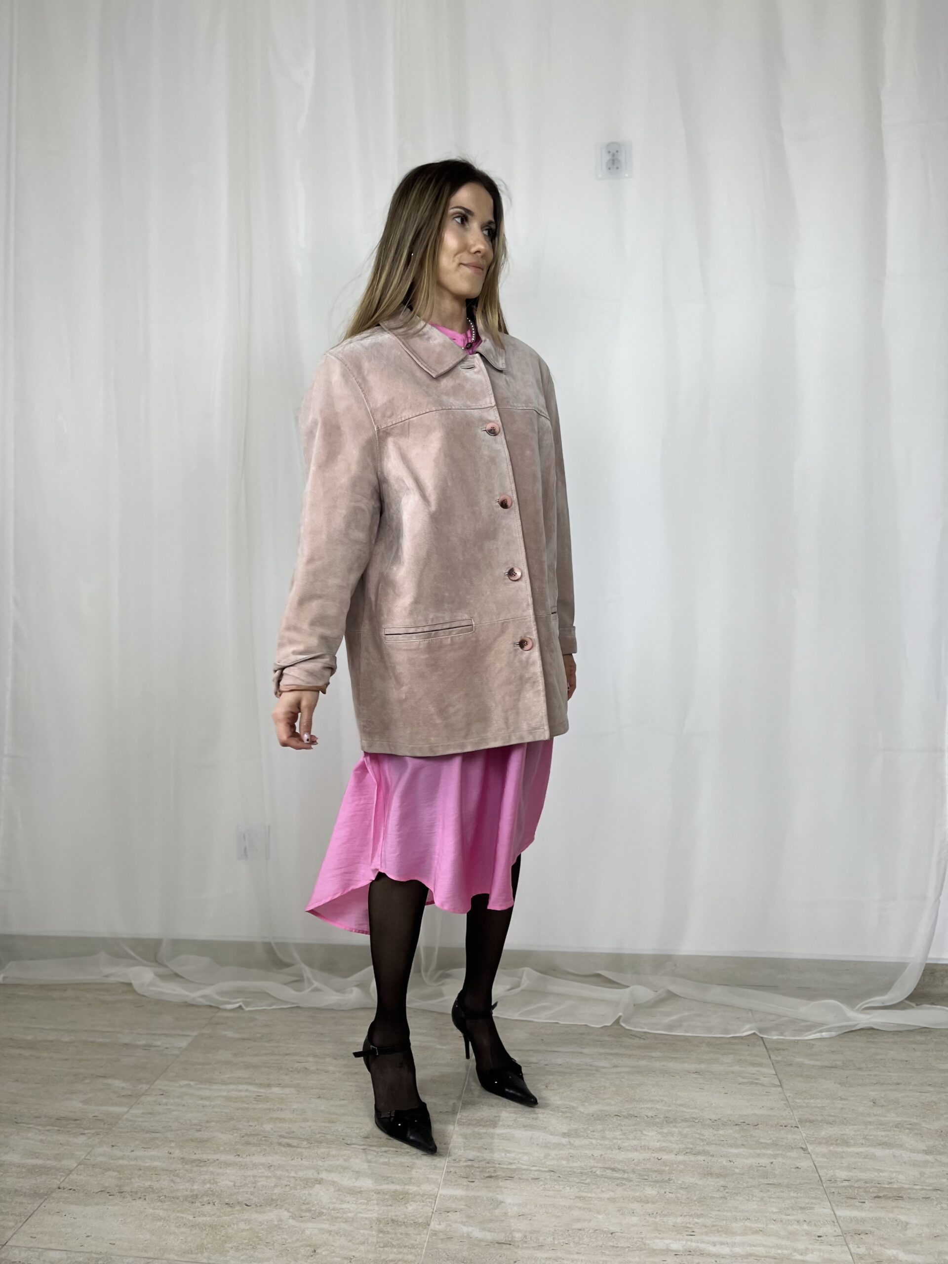 Skórzana zamszowa kurtka pudrowy róż skóra naturalna vintage r. XXL 44 - obrazek 4