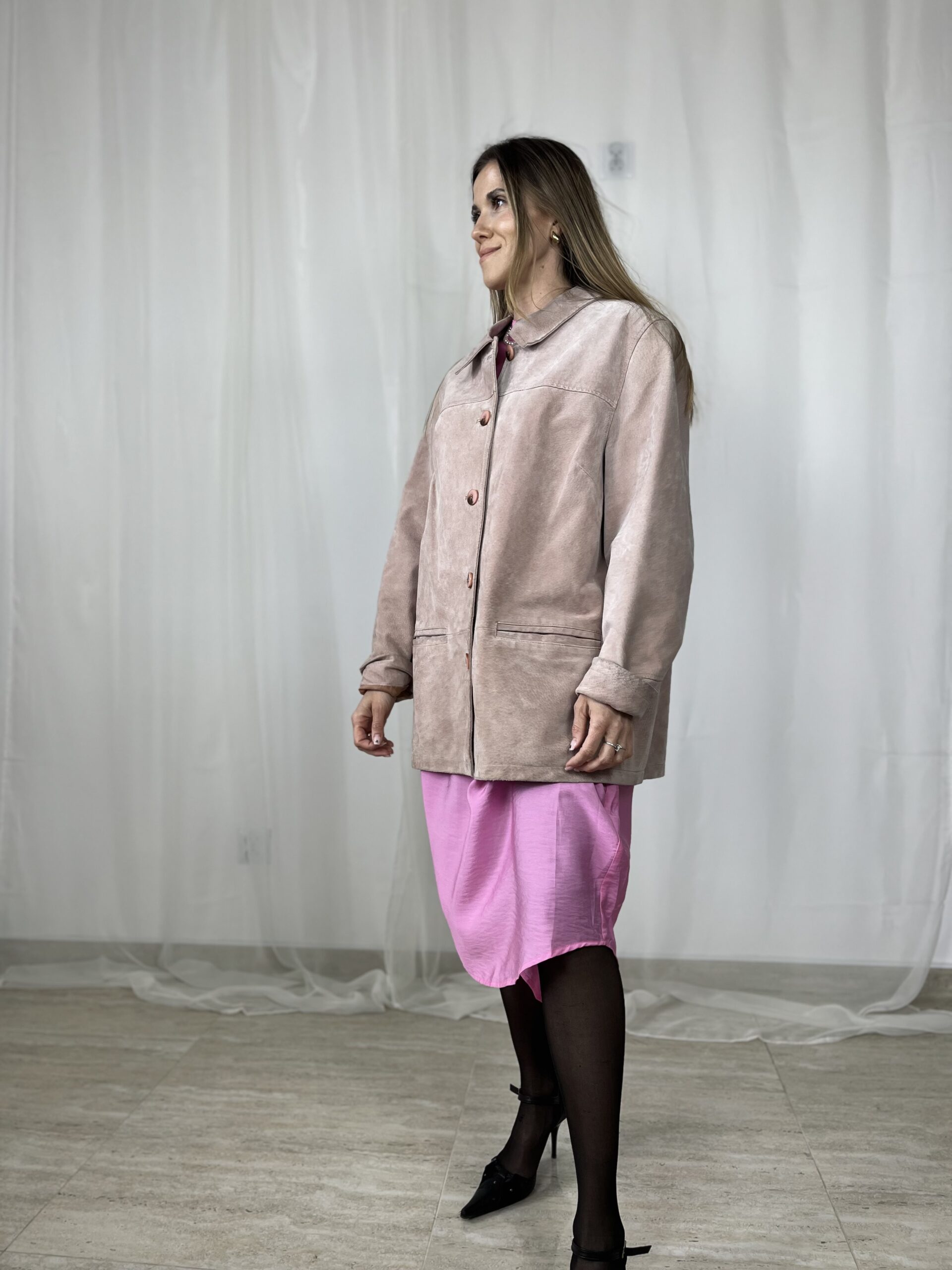 Skórzana zamszowa kurtka pudrowy róż skóra naturalna vintage r. XXL 44 - obrazek 5
