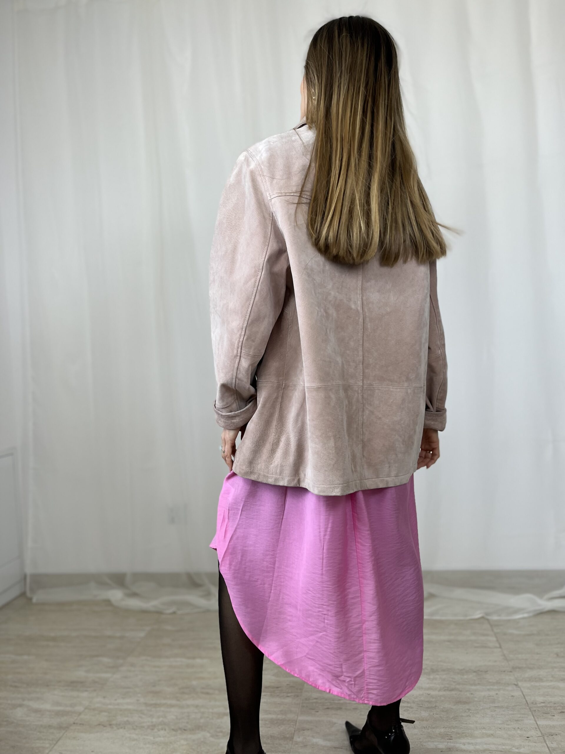 Skórzana zamszowa kurtka pudrowy róż skóra naturalna vintage r. XXL 44 - obrazek 6
