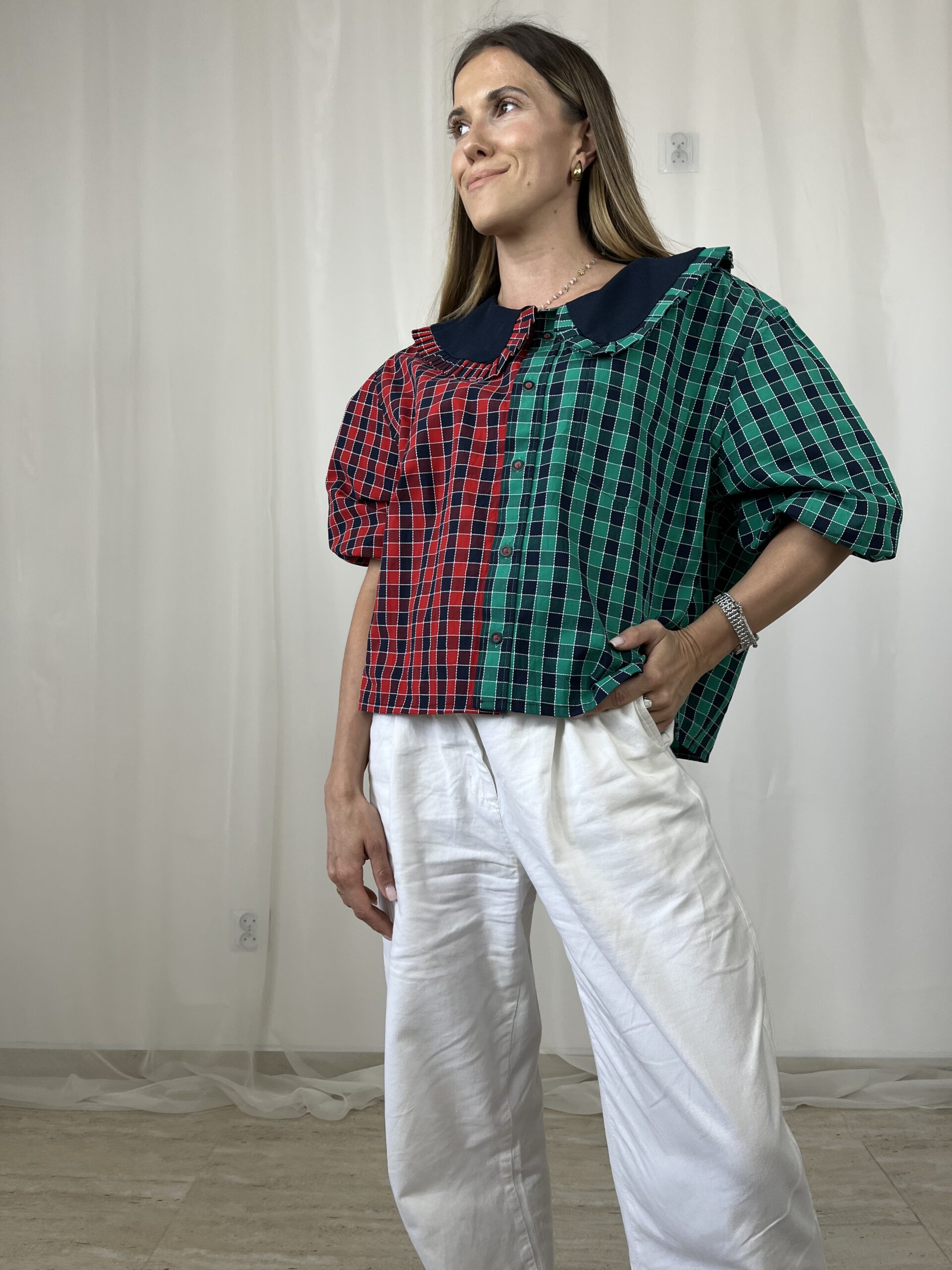 Dwukolorowa koszula w kratkę z ozdobnym kołnierzem upcykling r. S, M, L , XL - obrazek 5