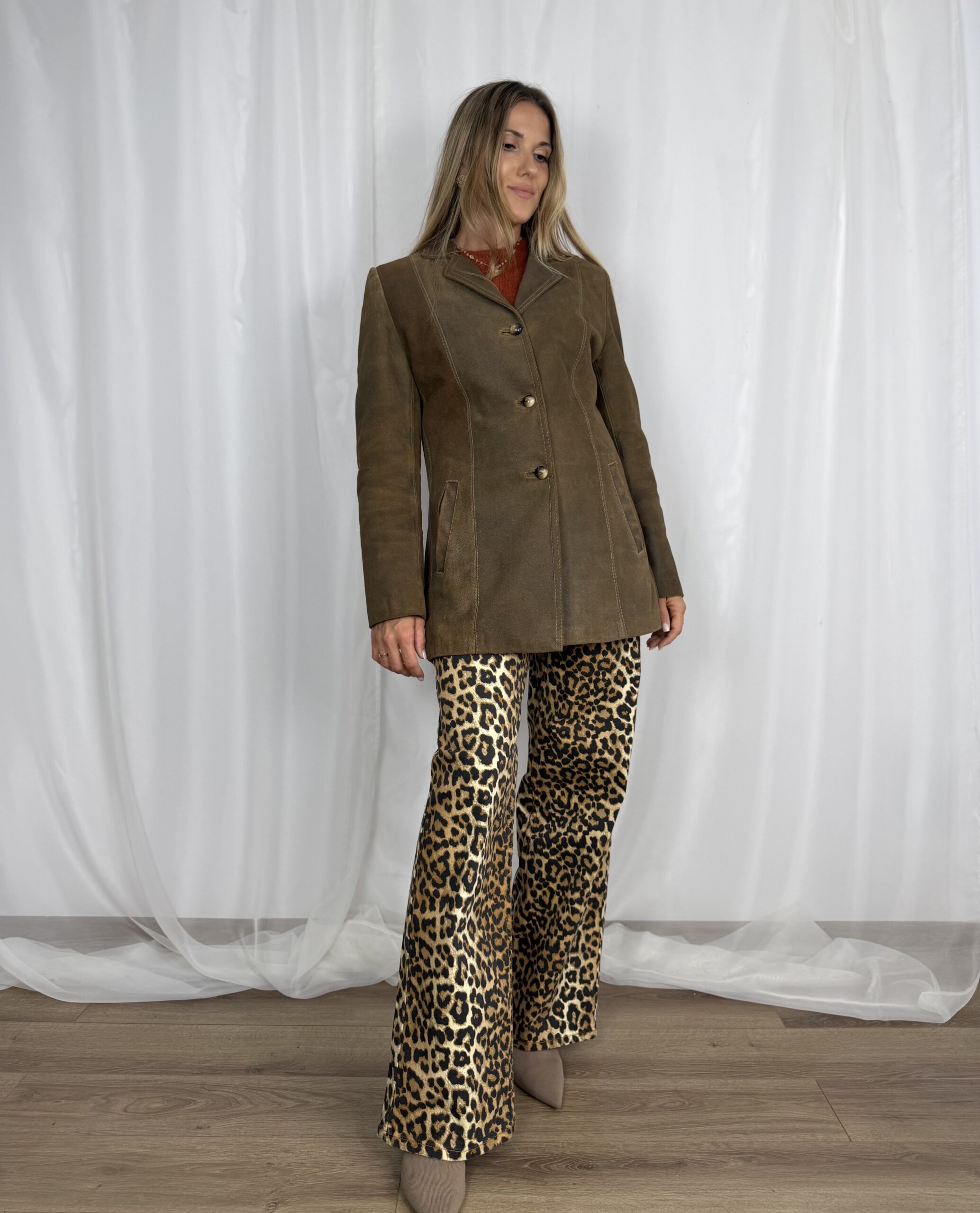 Skórzana kurtka marynarka khaki postarzana vintage r. S/M Bulur skóra naturalna